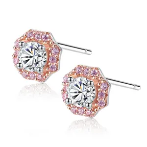 CZCITY สไตล์เกาหลี Pink Cubic Zirconia Flower Shape Stud ต่างหู 925 เงินสเตอร์ลิงต่างหู