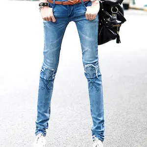 韩国复古风格花式女孩紧身牛仔裤热性感时尚紧身女士牛仔牛仔裤