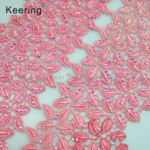 Bling Bling 9.6cm leaf shape Decorative AB Rhinestone Beaded Lace Trim For Dress WLC-723