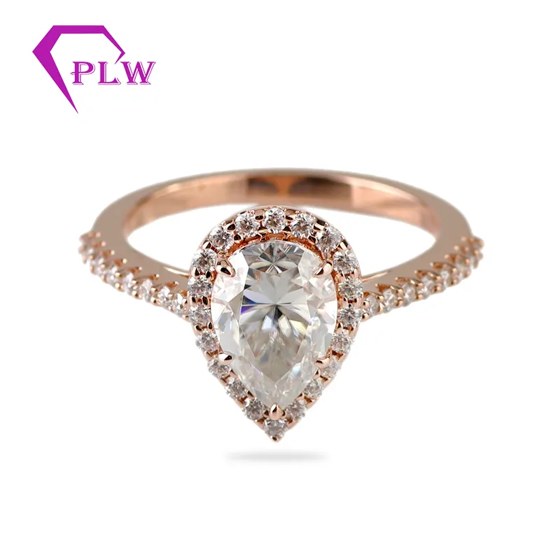 Newest arrival 6x9mm pear cut center moissanite diamond one halo 14k genuine rose gold wedding ring