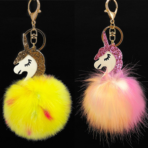 Yongze cara pompom llavero unicornio mullido Faux fur puff bola colorida bola peluda unicornio llavero - Product Image 4