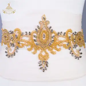 Customized bridal large beaded rhinestone collar applique design gold belt decoration