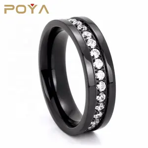 POYA Jewelry 8mm Titanium ring Black Groove Inlay CZ Unisex Wedding Band