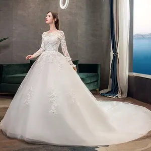 Gaun Pengantin Renda Sederhana Vintage, Gaun Pesta Dansa Ekor Panjang Putri Leher O Lengan Panjang Renda Cina