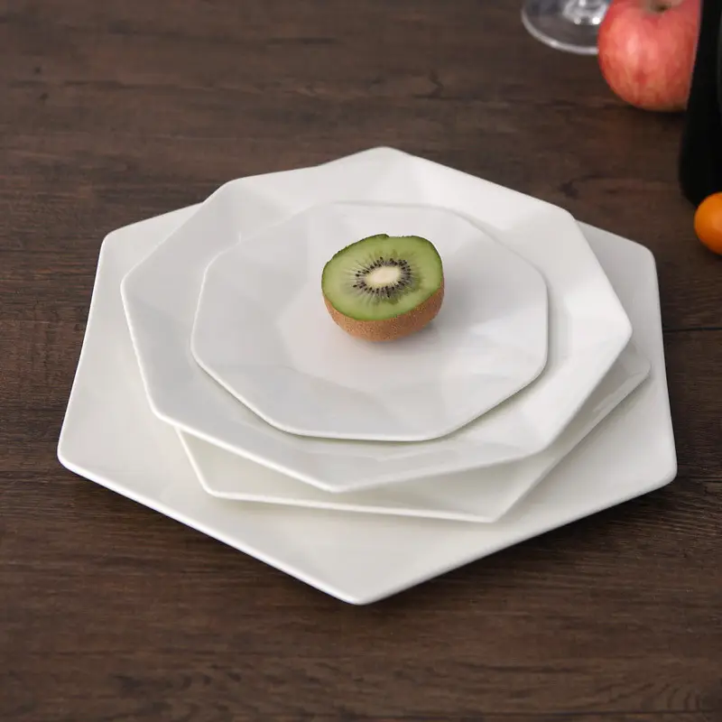 Platos de cena de porcelana blanca de cerámica, diseño polígono personalizado, p22