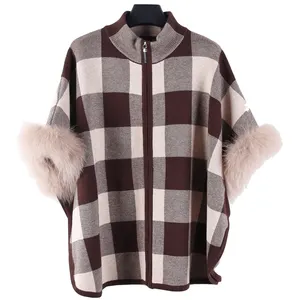 wholesale high quality plaid jacquard wool poncho sweater for women with fur trim