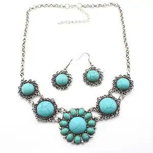 QD028 Huilin Jewelry Sunflower Shaped Turquoise Navajo Necklace Earrings Turquoise Jewelry Set