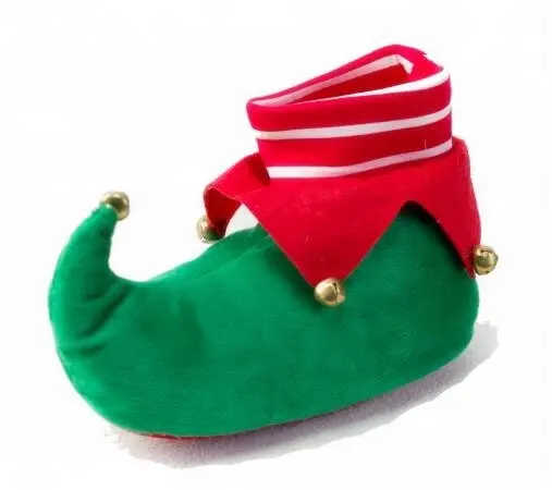 2018 Free Sample Plush Stuffed Elf slippers with bell/ green red mix winter indoor Christmas elf shoe