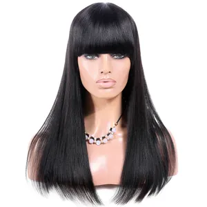 Premier 100% Indian Remy 150% Density Yaki Straight Human Hair Wigs With Bangs