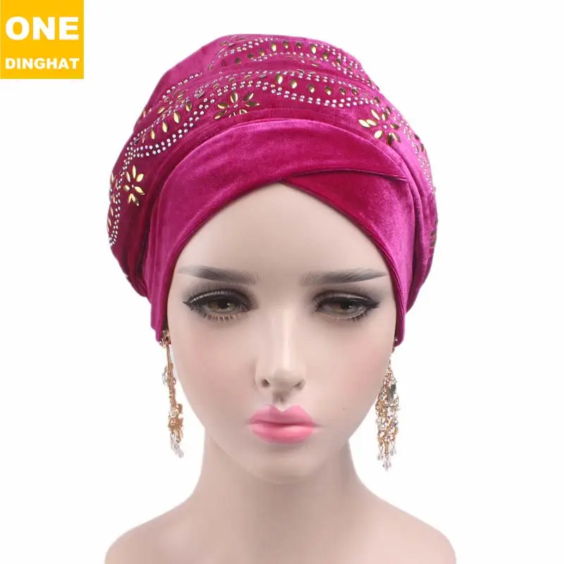 Multifunctional Nigerian Women Velvet Head Scarf Solid Head Wrap Turban Long With Rhinestone