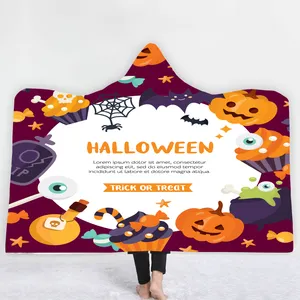 Halloween custom muster logo winter indoor warm erwachsene tragbare kinder digitale druck polar fleece doppel dicke decke mit kapuze