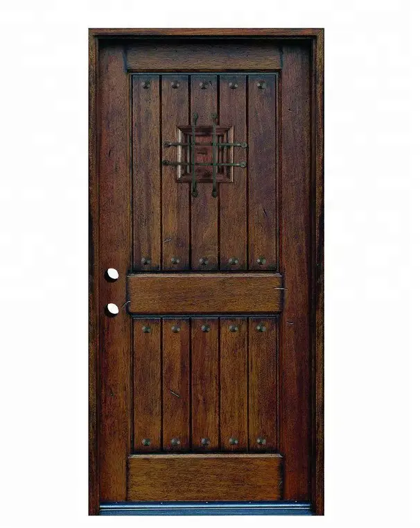 36 x 80 Rustic Mahogany Type Stained Distressed Solid Wood Speakeasy Prehung Front Door Wood Door