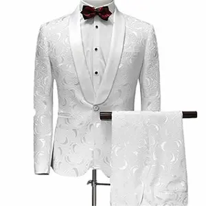 最新休闲白色图案修身男士婚礼套装