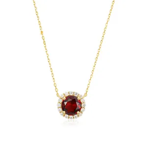 Luxury bridal solid 14K real gold jewelry cluster CZ diamond Halo garnet gemstone necklace