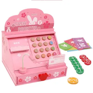 Kayu Mini Pink Checkout Supermarket Counter Cash Register Mainan Berpura-pura Bermain Kasir Mainan