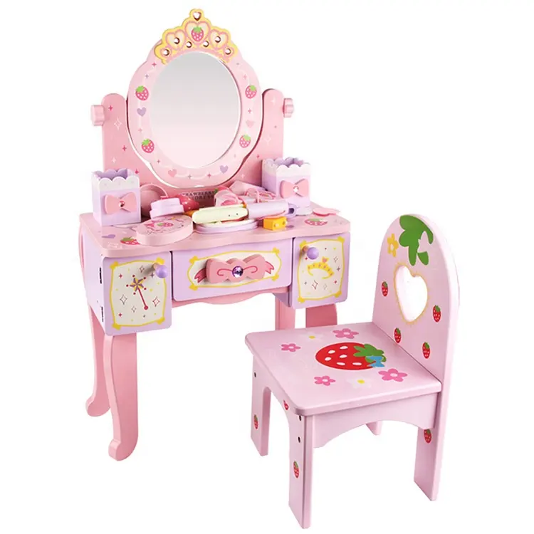 Set Mainan Dandan Bayi Perempuan, Set Mainan Meja Rias, Set Mainan Kayu Merah Muda untuk Anak Perempuan
