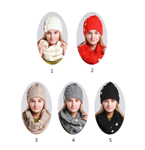 2PC Crochet <strong>Women</strong> Hat Scarf Set Fahion <strong>Beanies</strong> With Button Autumn Winter Knit Scarf Thick Female Bonnet Scarf Set - Product Image 6