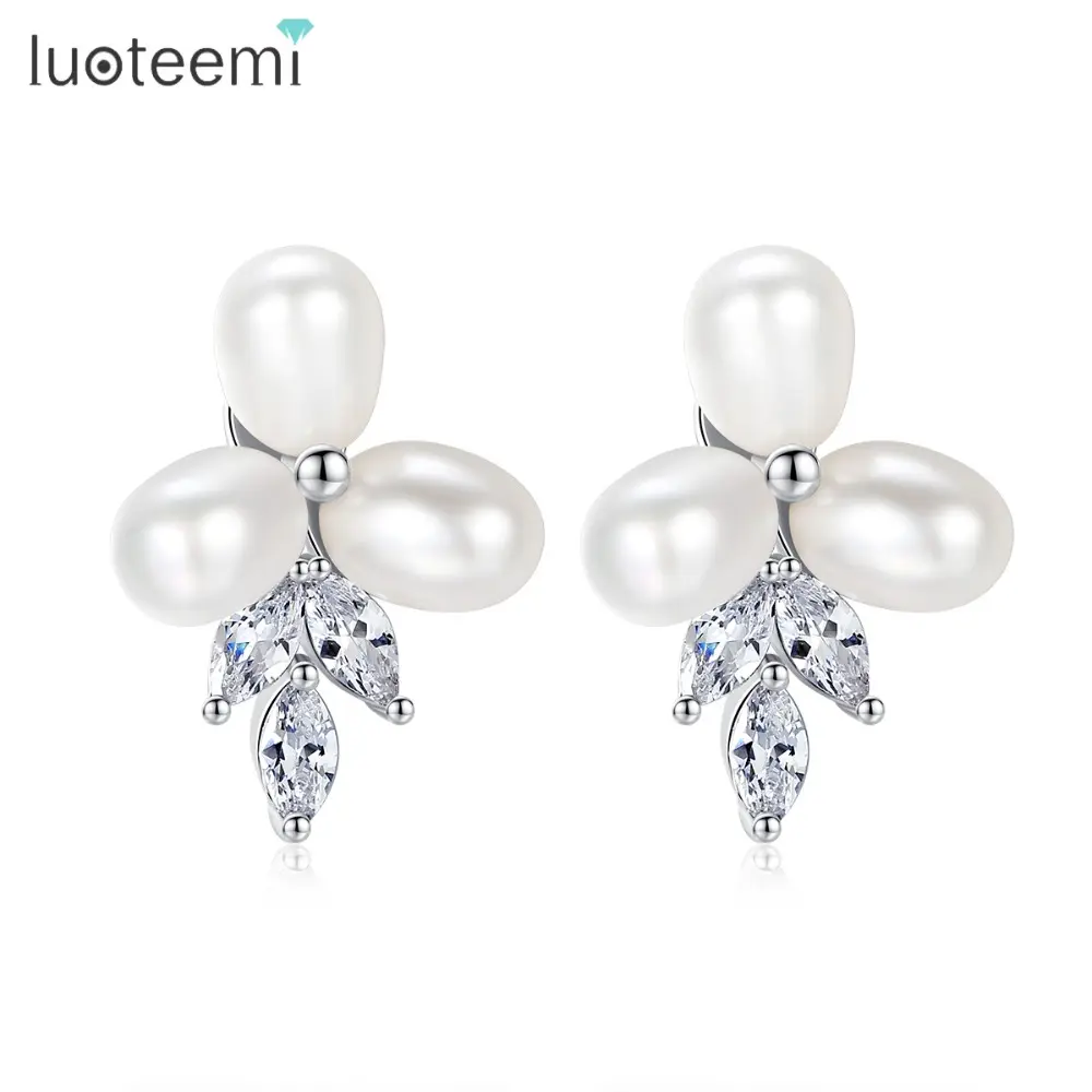 LUOTEEMI Women Wedding Bridal White Gold Color Jewelry Luxury Genuine 3pcs Natural Pearl Stud Earrings