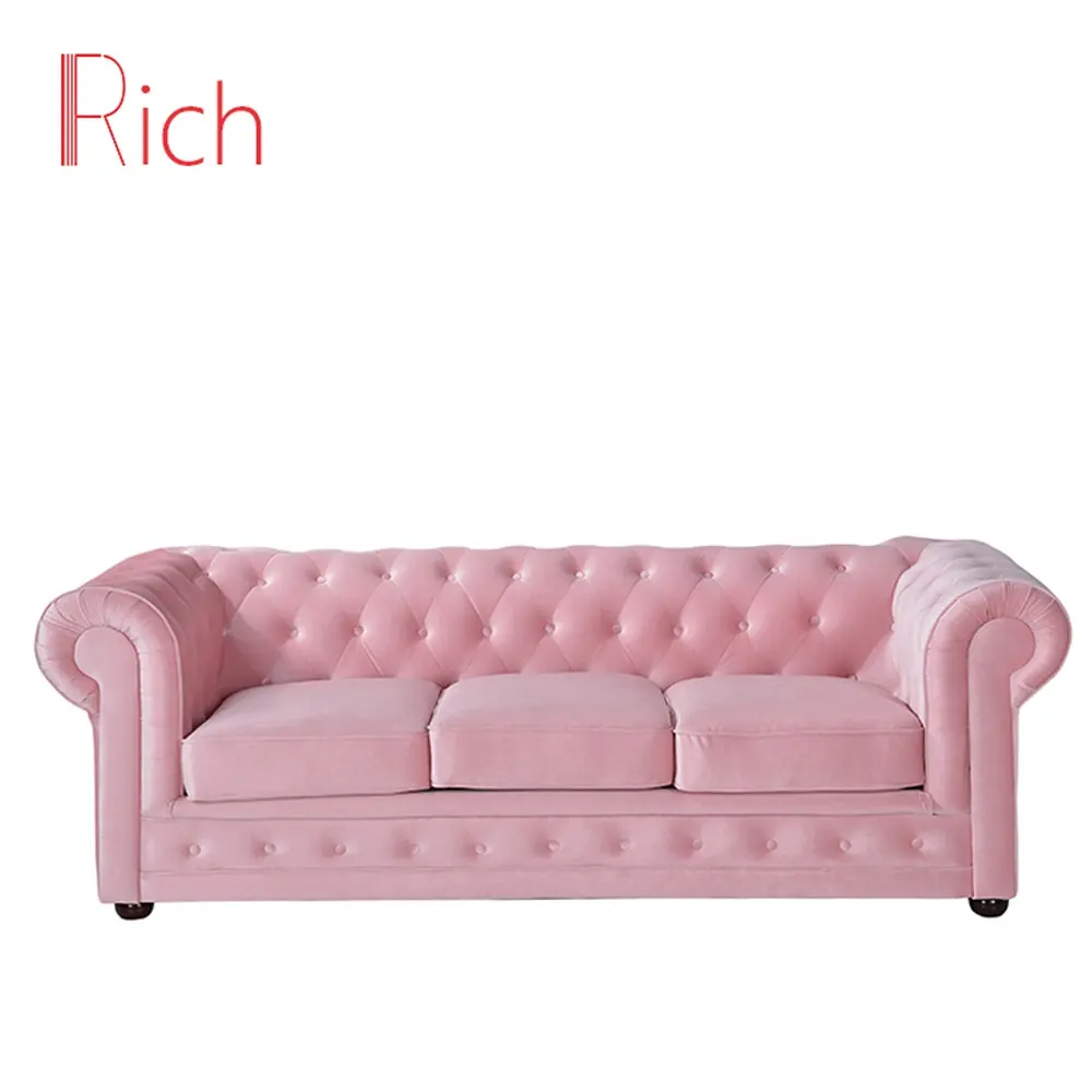 Venta al por mayor, fábrica directa de muebles, sofá Chesterfield de terciopelo rosa, muebles de sofá para sala de estar