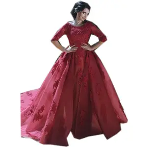 Union Fashion Scoop Lace Bridal Gown Removable Train Burgundy Wedding Dress With Sleeves