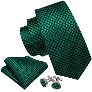 Cravate en soie à carreaux pour hommes, ensemble Hanky et Jacquard personnalisé de haute qualité, vert, noir, livraison gratuite