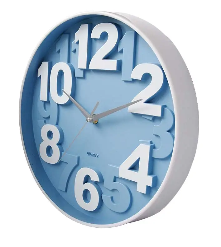 Blue 3D Wall Clock with large arabic numbers 12 inch plastic clock for home decor