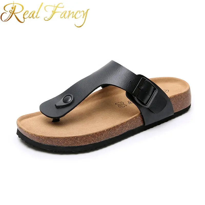 Latest Design Black Men Flip Flop Sandal Genuine Leather Insole Soft Cork Sole Sandal