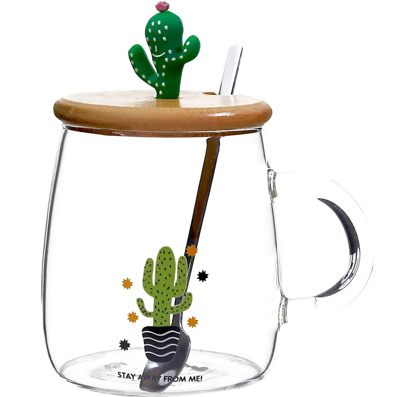 glass coffee mug reusable crystal clear cup cute creative cactus shape with stainless steel spoon bamboo lid straw double wall