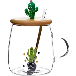 Glazen Koffiemok Herbruikbare Kristalheldere Beker Schattige Creatieve Cactusvorm Met Roestvrijstalen Lepel Bamboe Deksel Rietje Dubbele Wand