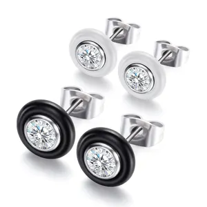 Black and white round zircon ceramics 316L Stainless Steel earrings for womens jewelry wholesale