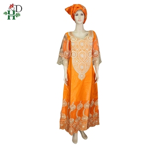 H & D Robe et Jupes Traditionnelles Africaines en <span class=keywords><strong>Bazin</strong></span> Riche Imprimé avec Dentelle et Foulard Assorti pour Soirée Femme - Product Image 5