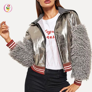 High Quality Faux <strong>Shearling</strong> Sleeve Silver Metallic <strong>Jacket</strong> Women Sparkle PU Leather <strong>Bomber</strong> <strong>Jacket</strong> - Product Image 2
