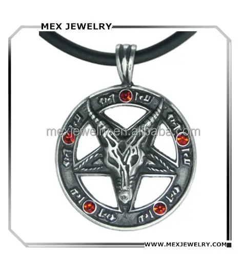 Vintage en alliage d'étain en métal Inverti Pentacle Pentagramme rouge Cristal Chèvre Satanique pendentif