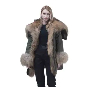 Pelz Parka Frauen Mode-Design Lange Jacke Pelz Gefüttert Mantel mit Echt Waschbären Pelz Haube
