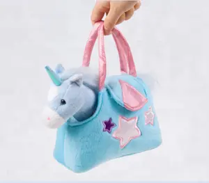 Soft Stuffed Long Plush Pink Cat Unicorn Dog Toys In A Handbag Carrier Bag