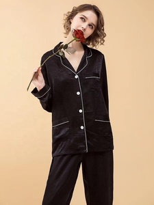 Wholesale Long Sleeve Pajamas Set <strong>Silk</strong> Sateen <strong>Black</strong> Piping PJ Set Custom Logo Accept Satin <strong>Pyjama</strong> Set - Product Image 4