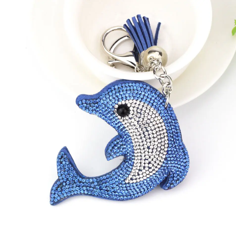 Cute Dolphin Pendant Leather Key Chain Car Key Ring Holder Gold Bag Keychain Gift For Girls Rhinestone Key Chains