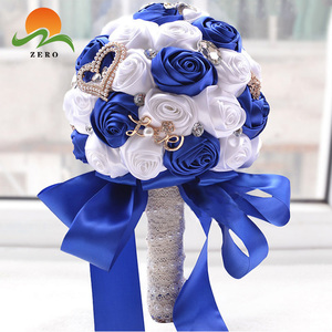 ZERO <span class=keywords><strong>Bouquet</strong></span> da Sposa Artigianale per Damigelle, Altezza 31cm, Fiori di Seta Blu per Matrimoni - Product Image 1
