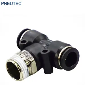 PNEUTEC tee type black button PT10-01 PB10-01 O.D 10mm male thread R1/8 brass pneumatic tube push fitting