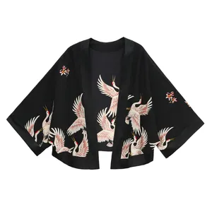 Women Jackets Japanese Style Thin Quick Dry Red-crowned Crane 3D Print Open Stitch Batwing Sleeve Cardigan Coat