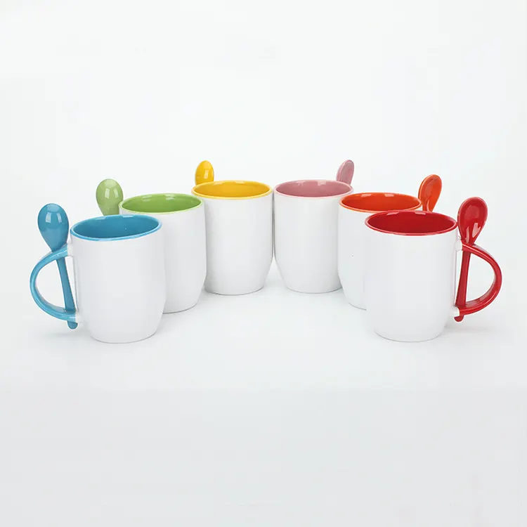 11oz bên trong màu trắng bên ngoài Mug với muỗng thăng hoa chuyển một lớp gốm cốc Cà Phê Muỗng trong xử lý