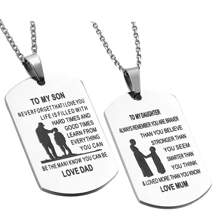 New arrival fashion hot sale custom stainless steel engrave daughter son necklace from mother father gift