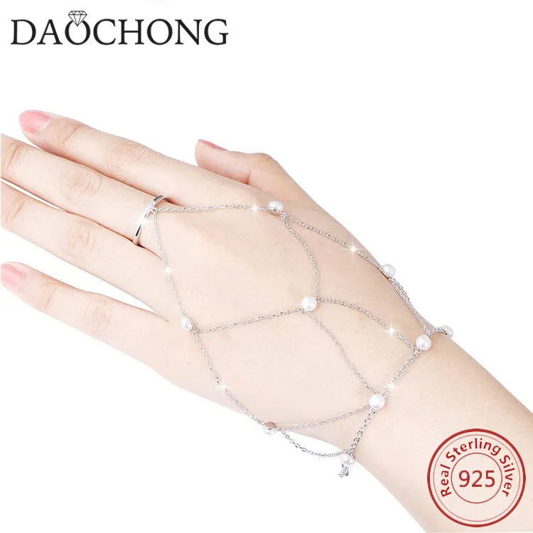 Daochong Custom 925 Sterling Silver Pearl Harness bracciale Finger Ring catena schiavo regolabile