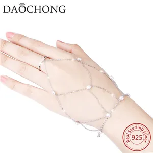Daochong Custom 925 Sterling Silver Pearl Harness Bracelet Finger Ring Adjustable Slave Chain