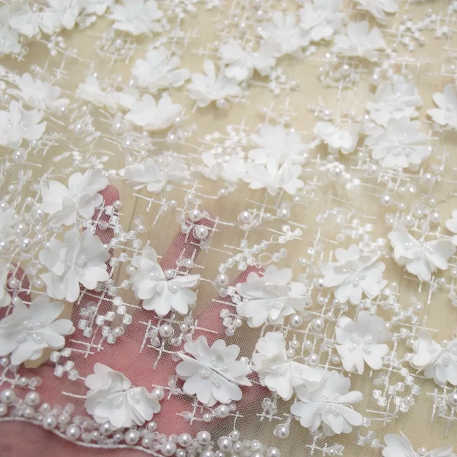 Ivory beaded bridal lace fabric wholesale dress making lace fabric dubai HY0580
