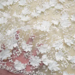 Ivory beaded bridal lace fabric wholesale dress making lace fabric dubai HY0580