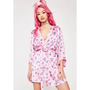 Albornoz de noche para mujer, ropa de dormir sexy con estampado floral de manga larga, para dormitorio, con cinturón de Ducha