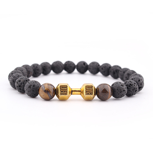 regalo Al Por Menor para hombre nueva aleación de metal Barra Dumbell y <span class=keywords><strong>Roca</strong></span> de lava piedra perlas de fitness moda pulseras - Product Image 1