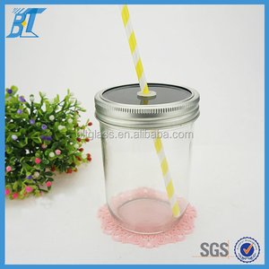 Frasco de <span class=keywords><strong>boca</strong></span> ancha de jugo de vaso con tapa y paja de la astilla - Product Image 1