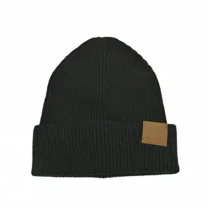 Black Wool Blend Soft Fisherman Slouchy Custom Knitted Ribbed Beanie With Leather Label